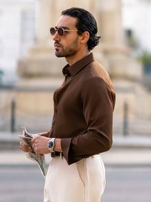 YOUESAWY YOUESAWY Men's Solid Color Regular Shoulder Long Sleeve Single-Breasted Casual Dress Shirt, For Fall - Brown - View 5