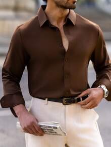 YOUESAWY YOUESAWY Men's Solid Color Regular Shoulder Long Sleeve Single-Breasted Casual Dress Shirt, For Fall - Brown - View 6