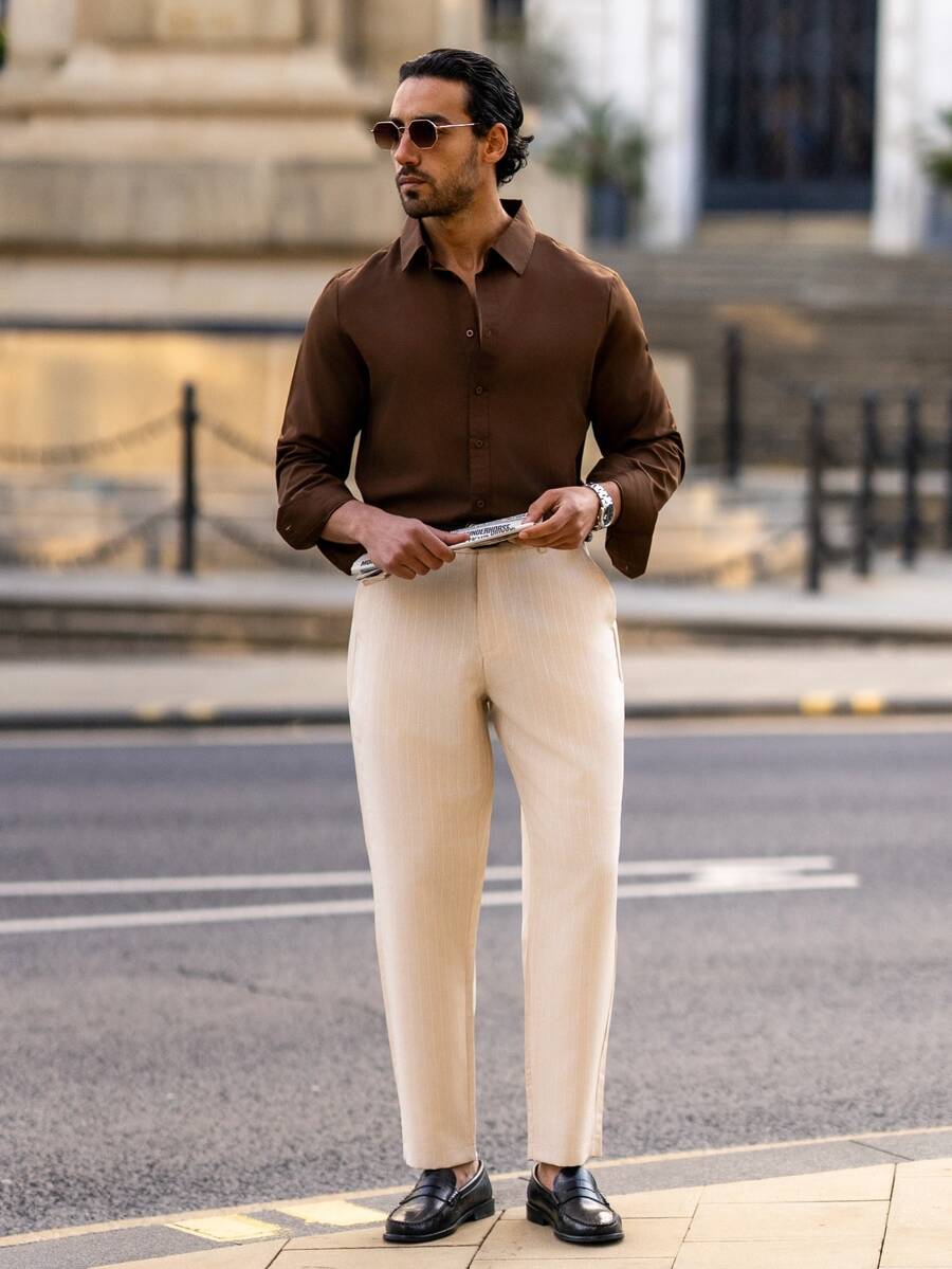 YOUESAWY YOUESAWY Men's Solid Color Regular Shoulder Long Sleeve Single-Breasted Casual Dress Shirt, For Fall