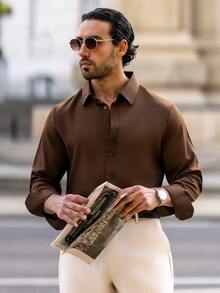 YOUESAWY YOUESAWY Men's Solid Color Regular Shoulder Long Sleeve Single-Breasted Casual Dress Shirt, For Fall - Brown - View 4