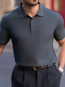 YOUESAWY YOUESAWY Kemeja Polo Pria Lengan Pendek Warna Polos Kasual untuk Berpergian - Dark Grey - View 6