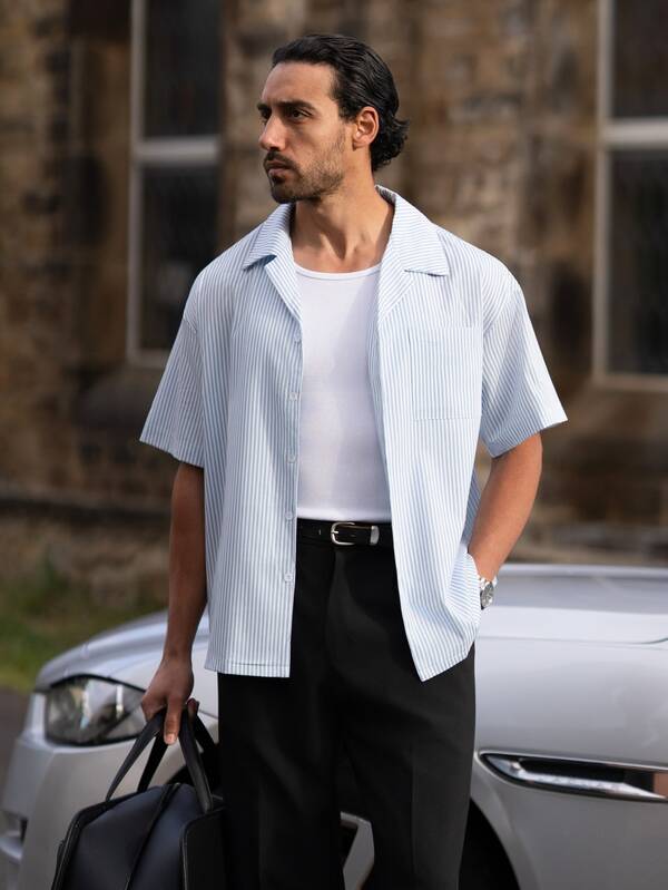YOUESAWY YOUESAWY Men's Striped Drop Shoulder Short Sleeve Single-Breasted Casual Shirt, Summer, Aesthetic