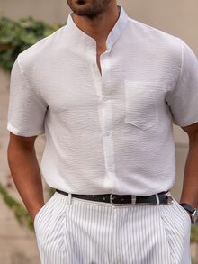 YOUESAWY YOUESAWY 男士舒适短袖复古休闲衬衫，修身夏季上衣 - 白色 - 查看 5