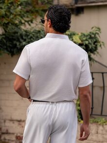 YOUESAWY YOUESAWY 男士舒适短袖复古休闲衬衫，修身夏季上衣 - 白色 - 查看 2