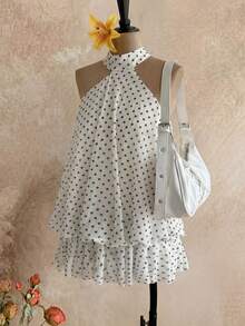 Firerie Kids Firerie Kids 青少年女孩優雅復古黑白波點掛脖公主洋裝，正式場合、外出、百搭、度假、街頭風，適合任何場合，姐妹裝、親子裝，可愛女孩洋裝，青少年女孩洋裝，女孩洋裝，蕾絲洋裝，俏皮迷你洋裝 - 黑與白 - 查看 2