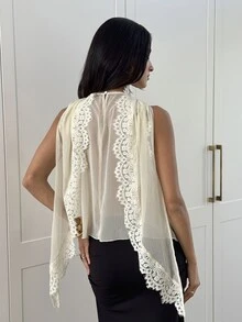 Aloruh Women's Elegant Chiffon & Lace Patchwork Blouse With Flutter Collar - Apricot - View 7