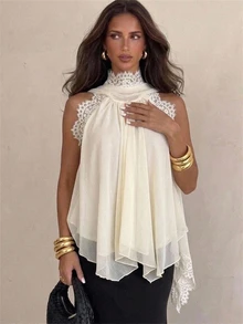 Aloruh Women's Elegant Chiffon & Lace Patchwork Blouse With Flutter Collar - Apricot - View 1