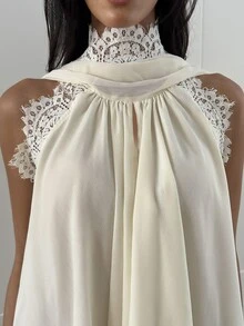 Aloruh Women's Elegant Chiffon & Lace Patchwork Blouse With Flutter Collar - Apricot - View 9