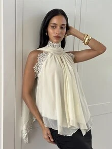 Aloruh Women's Elegant Chiffon & Lace Patchwork Blouse With Flutter Collar - Apricot - View 5