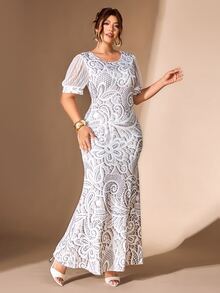Cravure Women's Round Neck Lantern Short Sleeve Fitted Mermaid Elegant Party Plus Size Dress - White - View 7