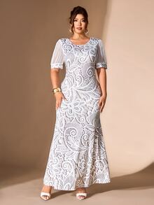 Cravure Women's Round Neck Lantern Short Sleeve Fitted Mermaid Elegant Party Plus Size Dress - White - View 5