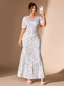Cravure Women's Round Neck Lantern Short Sleeve Fitted Mermaid Elegant Party Plus Size Dress - White - View 4