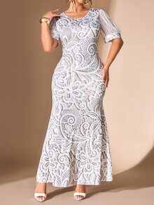 Cravure Women's Round Neck Lantern Short Sleeve Fitted Mermaid Elegant Party Plus Size Dress - White - View 6