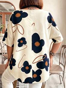 EMERY ROSE Plus Size Round Neck Vintage Floral Short Sleeve Layered Summer Vacation Casual Holiday Top - Blue - View 2