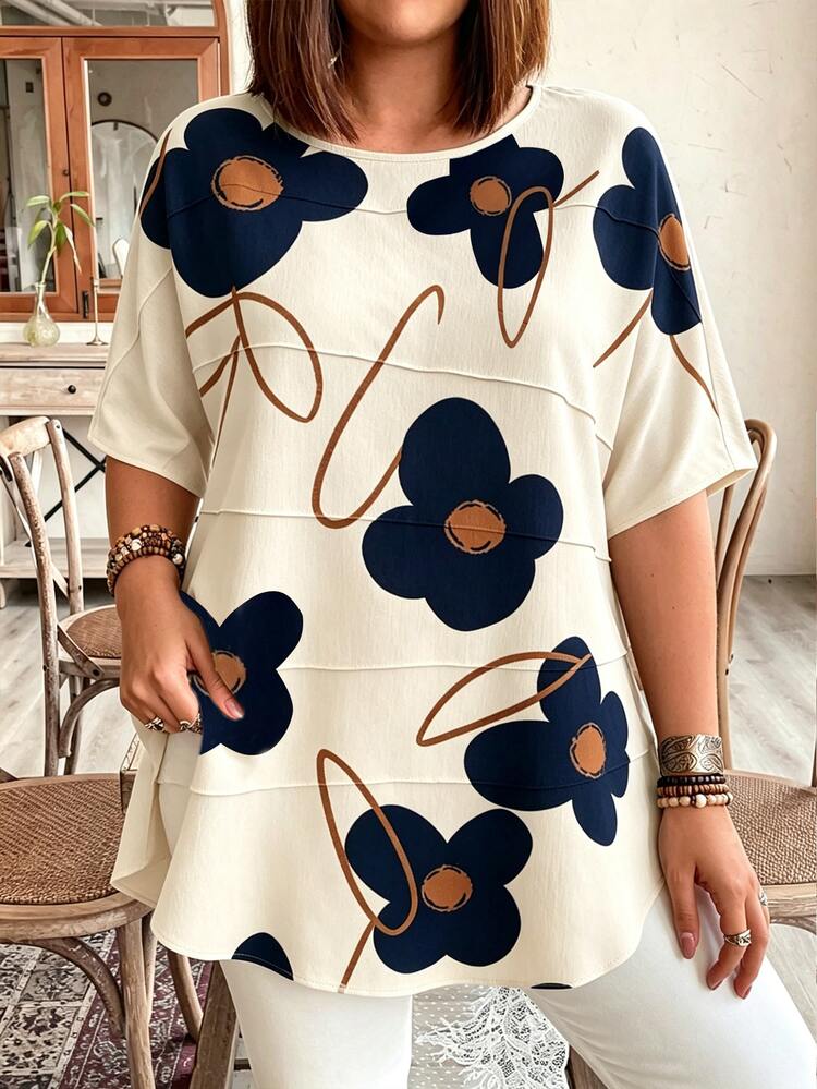 EMERY ROSE Blusa de vacaciones de verano casual de talla grande con cuello redondo, manga corta, diseño floral vintage y capas - Azul - Añade 3