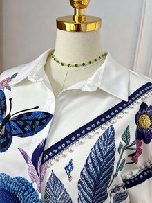 Rometta 大码花卉蝴蝶印花衬衫裙，休闲宽松夏季连衣裙，适合海滩度假和日常穿着 - 白色 - 查看 8