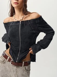 Bohemela Women's Solid Color Off-Shoulder Zipper Casual Street Rave Versatile Daily Long Sleeve Jacket Night Out Dark Wash Autumn - Black - View 4