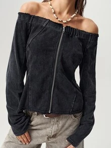 Bohemela Women's Solid Color Off-Shoulder Zipper Casual Street Rave Versatile Daily Long Sleeve Jacket Night Out Dark Wash Autumn - Black - View 2