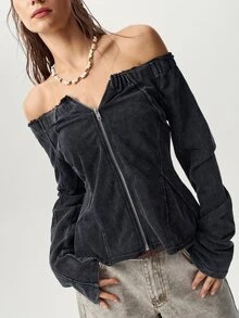 Bohemela Women's Solid Color Off-Shoulder Zipper Casual Street Rave Versatile Daily Long Sleeve Jacket Night Out Dark Wash Autumn - Black - View 1