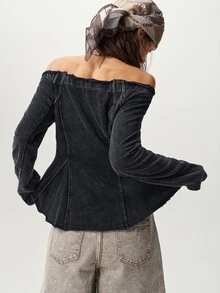 Bohemela Women's Solid Color Off-Shoulder Zipper Casual Street Rave Versatile Daily Long Sleeve Jacket Night Out Dark Wash Autumn - Black - View 6