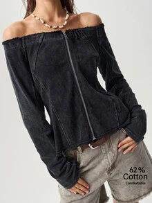 Bohemela Women's Solid Color Off-Shoulder Zipper Casual Street Rave Versatile Daily Long Sleeve Jacket Night Out Dark Wash Autumn - Black - View 5