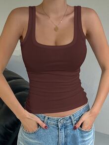 DAZY Camiseta sin mangas ajustada informal de mujer con cuello cuadrado acanalado - Morado - Ver 3