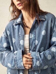 Bohemela 女款波點休閒百搭日常出遊水洗牛仔外套 - 藍色 - 查看 6