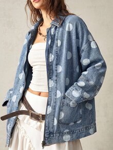 Bohemela 女款波點休閒百搭日常出遊水洗牛仔外套 - 藍色 - 查看 2