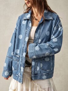 Bohemela 女款波點休閒百搭日常出遊水洗牛仔外套 - 藍色 - 查看 3