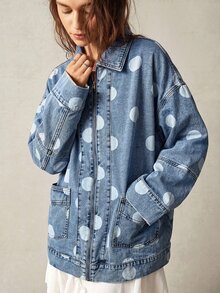 Bohemela 女款波點休閒百搭日常出遊水洗牛仔外套 - 藍色 - 查看 5