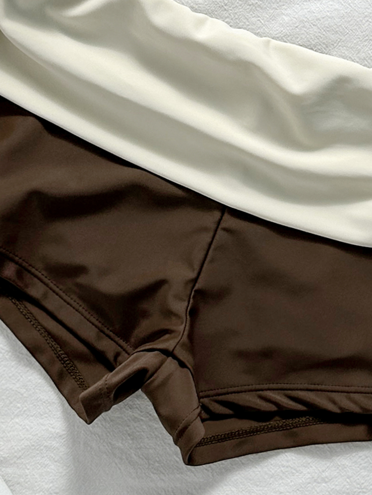 Elavelle Colorblock Bikini Set, Includes Halter Triangle Top And High-Waist Wrap Shorts. Flattering And Slimming. Suitable For Beach Travel, Seaside Vacation And Hot Springs Summer Holiday Swimwear. - Coffee Brown - View 5