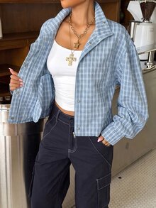 Muchica 女款復古鈕扣拉鍊格紋長袖夾克街頭風 - 藍色 - 查看 7