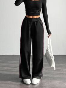 SHEIN Tween 女童侧边撞色蝴蝶结宽松直筒休闲裤，百搭日常穿着 - 黑色 - 查看 2