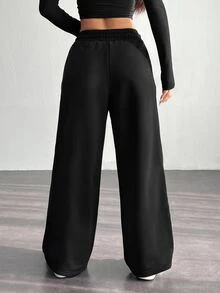 SHEIN Tween 女童侧边撞色蝴蝶结宽松直筒休闲裤，百搭日常穿着 - 黑色 - 查看 3