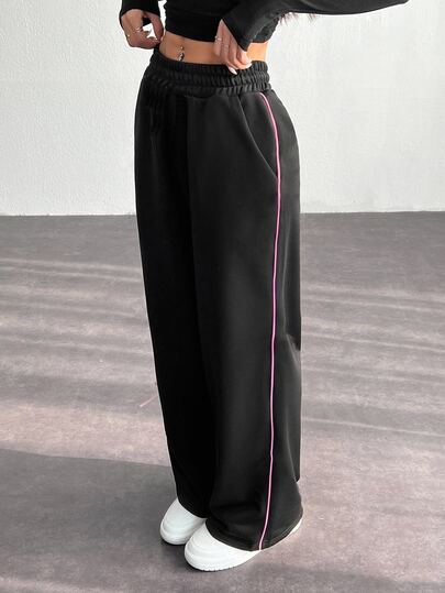 SHEIN Tween Girls' Side Contrast Bow Loose Straight Leg Casual Pants, Versatile For Daily Wear Fall Winter