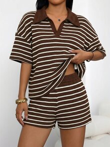 SHEIN PETITE 女款 2 件套棕色條紋寬鬆 V 領長袖 T 恤與彈性腰長褲，夏季休閒場合返校度假居家套裝，適合小碼女性 - 棕色 - 查看 3