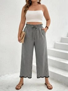 SHEIN PETITE CURVE Plus Size Women Black And White Plaid Lace Trim Long Pants, Vacation Casual Boho Ruffle Drawstring Waistband With Pockets Fall Wedding Guest - Black and White - View 7
