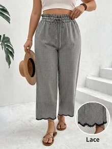 SHEIN PETITE CURVE Plus Size Women Black And White Plaid Lace Trim Long Pants, Vacation Casual Boho Ruffle Drawstring Waistband With Pockets Fall Wedding Guest - Black and White - View 4