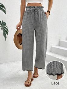 SHEIN PETITE CURVE Plus Size Women Black And White Plaid Lace Trim Long Pants, Vacation Casual Boho Ruffle Drawstring Waistband With Pockets Fall Wedding Guest - Black and White - View 3