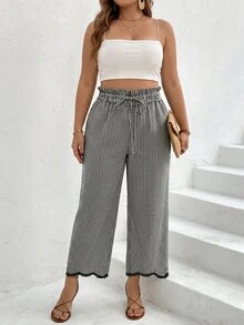 SHEIN PETITE CURVE Plus Size Women Black And White Plaid Lace Trim Long Pants, Vacation Casual Boho Ruffle Drawstring Waistband With Pockets Fall Wedding Guest - Black and White - View 8
