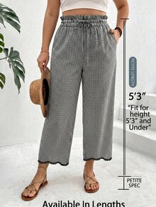 SHEIN PETITE CURVE Plus Size Women Black And White Plaid Lace Trim Long Pants, Vacation Casual Boho Ruffle Drawstring Waistband With Pockets Fall Wedding Guest - Black and White - View 1