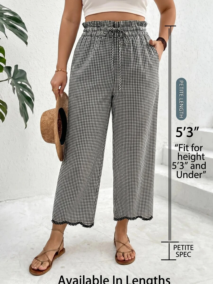 SHEIN PETITE CURVE Plus Size Women Black And White Plaid Lace Trim Long Pants, Vacation Casual Boho Ruffle Drawstring Waistband With Pockets Fall Wedding Guest - Black and White - View 1