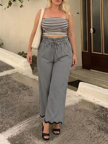 SHEIN PETITE CURVE Plus Size Women Black And White Plaid Lace Trim Long Pants, Vacation Casual Boho Ruffle Drawstring Waistband With Pockets Fall Wedding Guest - Black and White - View 9