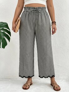 SHEIN PETITE CURVE Plus Size Women Black And White Plaid Lace Trim Long Pants, Vacation Casual Boho Ruffle Drawstring Waistband With Pockets Fall Wedding Guest - Black and White - View 5
