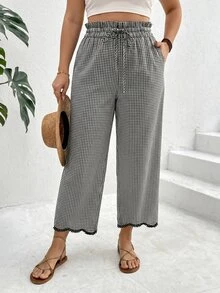 SHEIN PETITE CURVE Plus Size Women Black And White Plaid Lace Trim Long Pants, Vacation Casual Boho Ruffle Drawstring Waistband With Pockets Fall Wedding Guest - Black and White - View 6