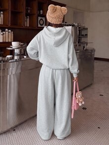 淺灰色/全灰色 青少年女孩休閒極簡寬鬆軟厚連帽衛衣與寬腿運動褲兩件套，適合秋冬日常、街頭、外出、慵懶風、嘻哈、Y2K - 彩色 - 查看 2