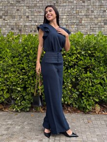 Yohana Edit Women's 2 Pieces Casual Set With V-Neck Ruffle Flutter Sleeve Top And Long Pants For Summer Vacation, Commute And Office Wear Elegant - Navy Blue - View 6