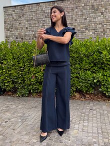 Yohana Edit Women's 2 Pieces Casual Set With V-Neck Ruffle Flutter Sleeve Top And Long Pants For Summer Vacation, Commute And Office Wear Elegant - Navy Blue - View 5