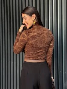 Yohana Edit Women's Elegant Brown Hollow Rose Lace Fitted Turtleneck Top,Stylish Autumn Dining Ruffle Hem Casual Chic Formal For Winter,New Year,Parties,Work - Coffee Brown - View 2