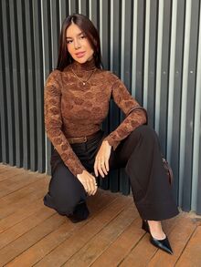 Yohana Edit Women's Elegant Brown Hollow Rose Lace Fitted Turtleneck Top,Stylish Autumn Dining Ruffle Hem Casual Chic Formal For Winter,New Year,Parties,Work - Coffee Brown - View 5